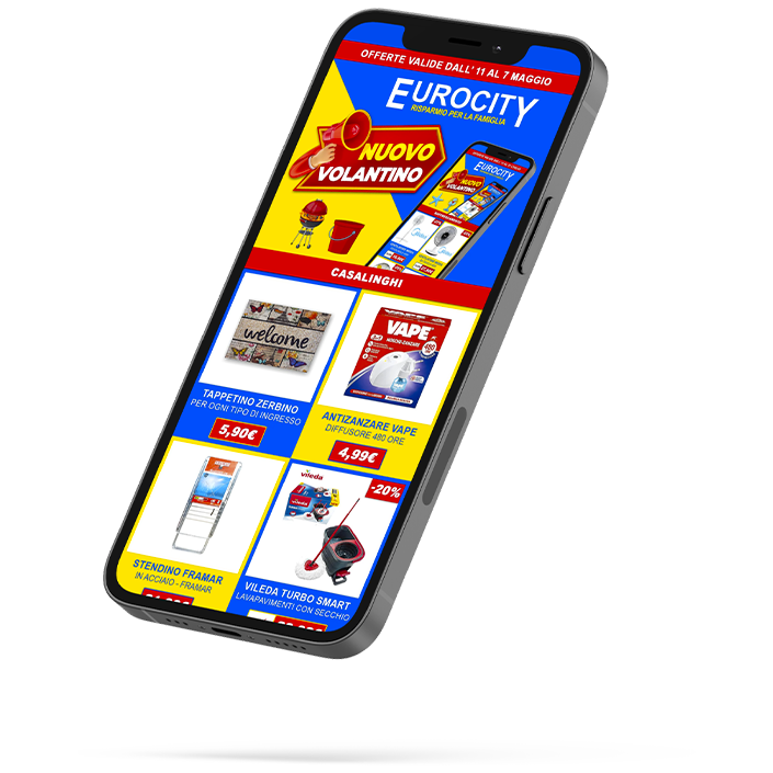 mockup volantino su cellulare | Eurocity Sestu